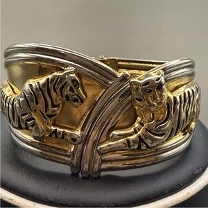 Vintage Tiger Hinged Bangle Bracelet Mixed Gold Silver Tone Statement 2.25”